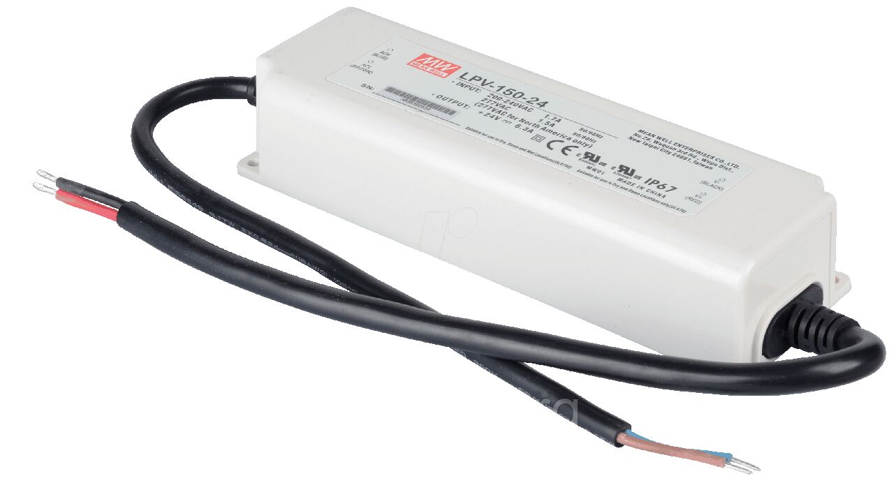 Джерело живлення LPV-150-24: AC / DC, IP67, 150W / 6.3A. 191x63x37.5mm (L * W * H)