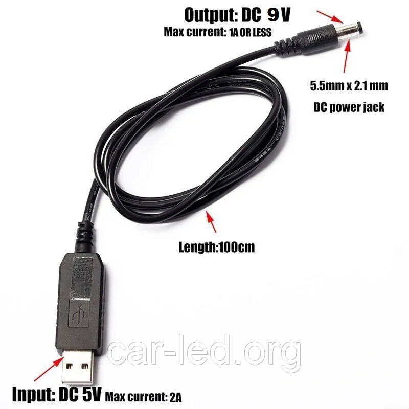 Кабель живлення USB Type A– DC 5.5*2.1мм перетворювач напруги, вхід 5В, вихід 9В 0,8-1А, для роутера